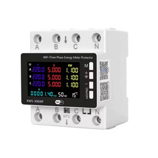 Foto - Třífázový WiFi elektroměr TUYA 80A s relé a LCD displejem - montáž na DIN lištu