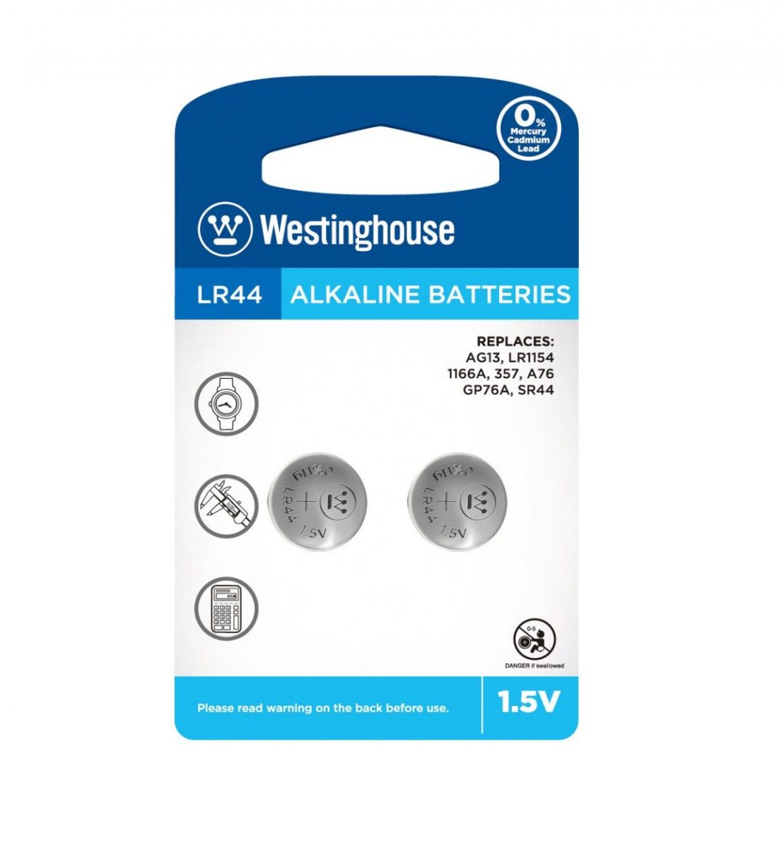 Westinghouse knoflíková alkalická baterie LR44 (LR44, AG13, LR1154, 1166A, 357, A76, GP76A, SR44) - 2 kusy; 1,5V