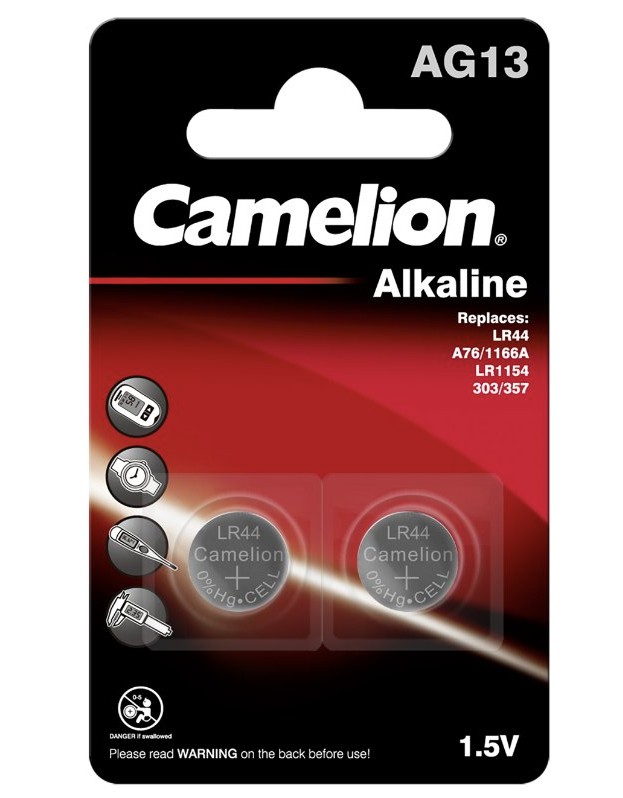 Camelion knofl&iacute;kov&aacute; alkalick&aacute; baterie LR44 (LR44, AG13, LR1154, 1166A, 357, A76, GP76A, SR44) - 2 kusy; 1,5V