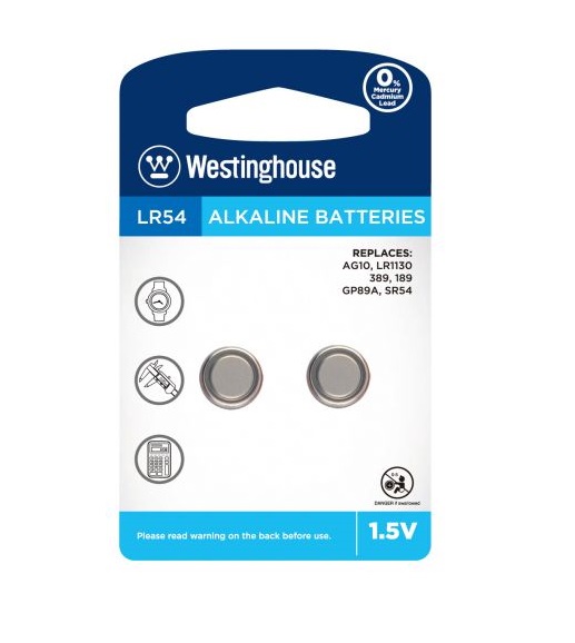 Westinghouse knoflíková alkalická baterie LR54 (AG10, LR1130, 389, 189, GP89A, SR54) - 2 kusy; 1,5V