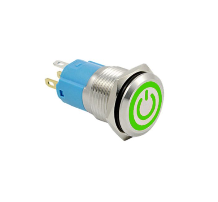 LED vodotěsný přepínač - Zelené podsvícení, 12 mm, 12 - 24V