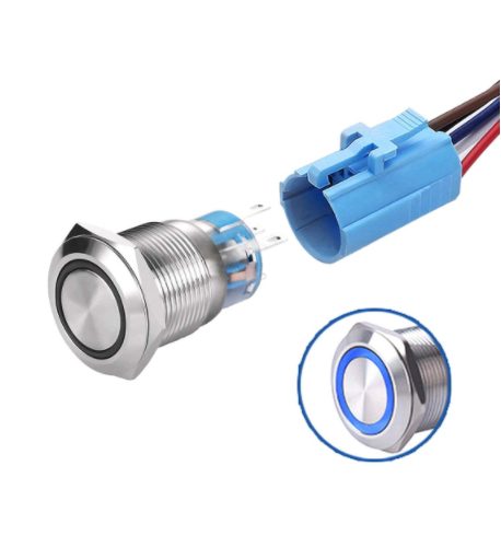 LED vodotěsný přepínač - Modré podsvícení, 19 mm, 3 - 6V