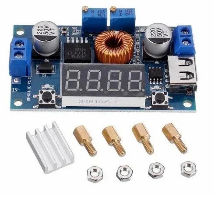 Step-down měnič XL4015 4–40V na 1.5–37V, 5 A / 75 W, multifunkční displej, CC/CV režim, USB-C