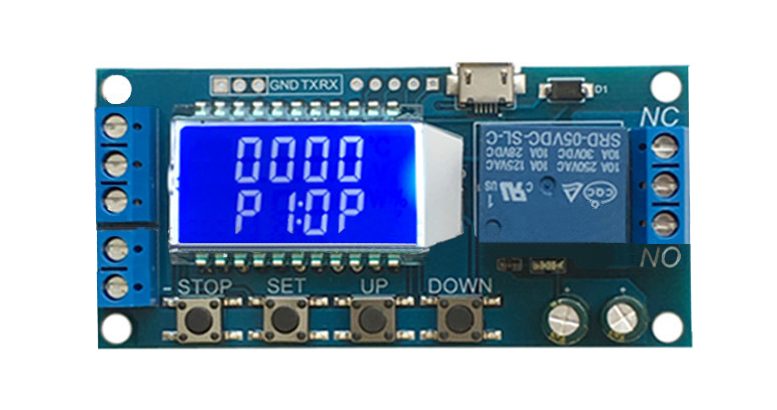 Modul relé s nastavitelným časovačem odpojení, připojení a LCD displejem